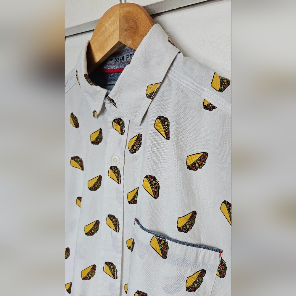 Good Vibes By Drill Shirt Slim Fit Button Down Short Sleeve Taco Print Men's SM